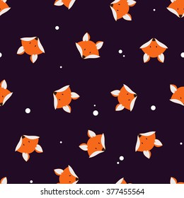 Cute foxes seamless vector pattern. Vector cute cartoon fox seamless pattern. Orange fox's head on dark background. Good for print, textile, fabrics, wallpaper, decoration. Fox silhouette.