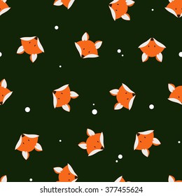 Cute foxes seamless vector pattern. Vector cute cartoon fox seamless pattern. Orange fox's head on dark background. Good for print, textile, fabrics, wallpaper, decoration. Fox silhouette.