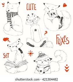 Cute Foxes set,doodle sketch collection, funny cartoon animals in caps,sweaters and scarfs.Little Fox embraces owl. Christmas design,winter pattern.Hand drawn vector illustration,decorative elements.