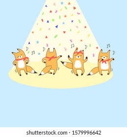 Cute foxes showing various actions, Funny baby foxes dancing collection, Hand drawn cartoon doodles style.