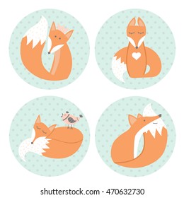 Cute foxes sitting in different positions in cartoon style. Animal symbol. Perfect for design, cards, invitations, birthdays and weddings