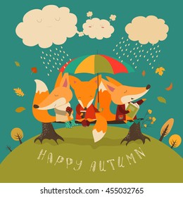 Cute foxes sitting under an umbrella on a log