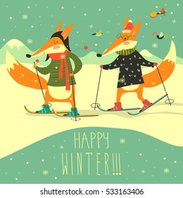 Cute foxes skiing on the piste