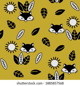 Cute foxes in sunny leaves seamless pattern background. Great for woodland, animal, or nature design projects; wallpaper, background, scrapbook paper, gift wrap, and fabric.