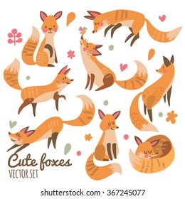 Cute foxes vector set. Eight awesome foxes sitting, jumping, playing, standing, smiling and sleeping. Lovely animal collection for sweet designs 