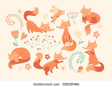 Cute foxes vector set. Eight awesome foxes sitting, jumping, playing, standing and sleeping. Lovely animal collection for sweet designs