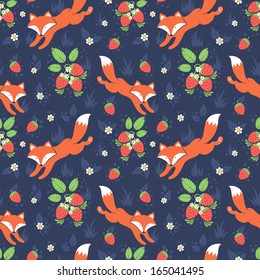 Cute foxes and wild strawberries forest seamless pattern