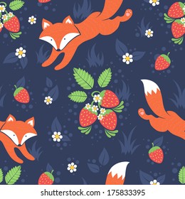 Cute foxes and wild strawberries forest seamless pattern