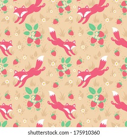 Cute foxes and wild strawberries forest seamless pattern