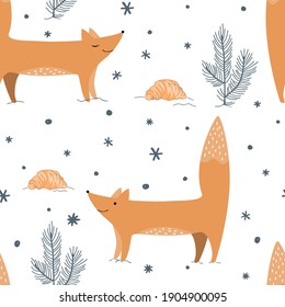 Cute foxes, winter forest, and croissants. Cozy repeated texture, childish print for kids fabric and wrapping paper. Vector seamless pattern with wild forest animal, Xmas illustration.