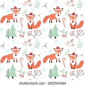 Cute foxes in the winter forest seamless pattern. little fox in a hat of Santa Claus, snowflakes and a Christmas tree endless texture. Merry christmas background. Vector