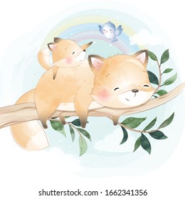 Cute foxy father and son hanging in the tree