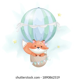 Cute foxy flying on big air balloon. Adorable fox cartoon character. Stock vector illustration