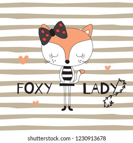 cute foxy girl on striped background vector illustration