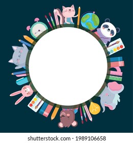 cute frame with animals and school supplies