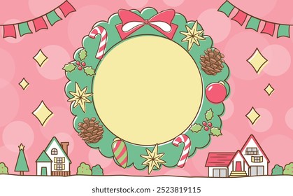 Un lindo material de fondo de marco de una corona de Navidades pop con ilustraciones de la ciudad y los niños