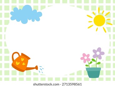 Fondo lindo del marco con las flores de la lata que riegan nubes y sol