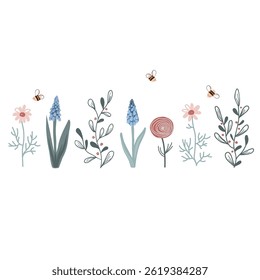 Cute frame border with spring flowers and bees. Vector isolated illustration.