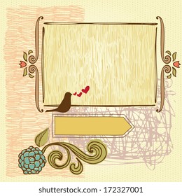 Cute frame card with bird, flower, hearts and scroll. Seamless background. 