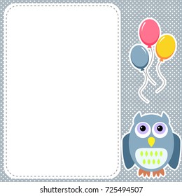 Cute frame, card with owl and balloons