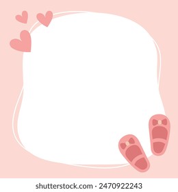 Cute frame or card template with baby girl shoes and hearts in pink pastel colors. Perfect for baby shower, invitations or kids party, social network posts. Vector illustration.