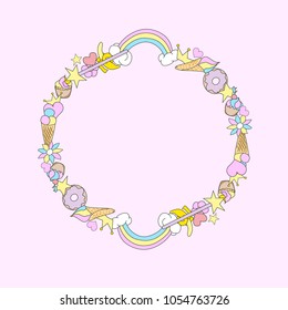 Cute frame in cartoon style. Design for the packaging of children's toys, advertising, for invitations to a children's party. Design elements on a pink background. Hand drawing. Vector illustration.