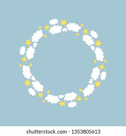 Cute frame with clouds and stars. Vector. Isolated.