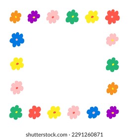 Cute frame with colorful small flowers. Vector flat illustration in kid core aesthetic