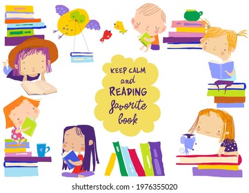 Cute frame composed of children reading books