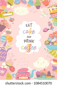 Cute frame composed of cup, cake and coffee