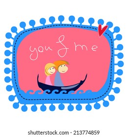 Cute frame for congratulations with cartoon people characters. Vector art. Man and women, sitting in the boat. You and me illustrations.