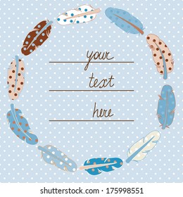 Cute frame design with feathers and dots in pastel blue