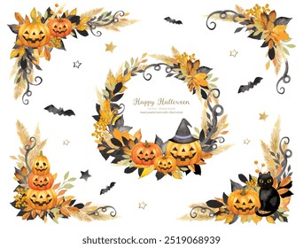 Conjunto de diseño de marco lindo con motivos de Halloween escritos a mano de acuarela