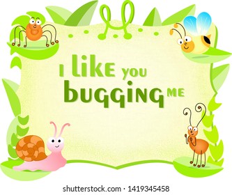 Cute frame design with space for your text and illustrations arranged in a composition including leaves and bugs: snail, bee, ant and spider