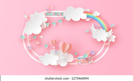 Cute frame design for Valentine's Day with elements. Graphic design for Valentine's Day. paper cut and craft style. vector, illustration.