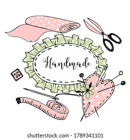 Cute frame in Doodle style on the theme of needlework sewing and tailoring. Vector.