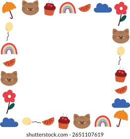 cute frame with drawing cartoon cat and cute stuff. cartoon doodle, object, frame border, hand drawing illustration
