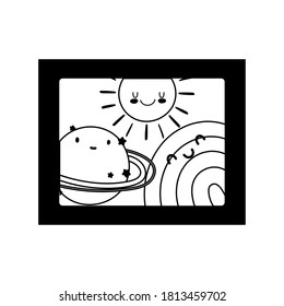 cute frame drawing rainbow planet sun cartoon decoration isolated icon line style vector illustration