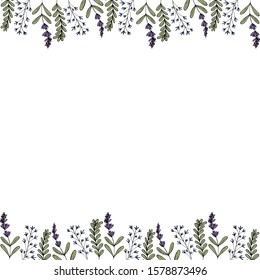 Cute frame of flowers in doodle style on a white background. Simple lavender and blue flowers. Vector stock illustration.