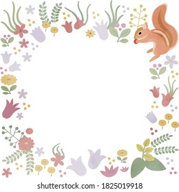 Cute frame of flowers and squirrels