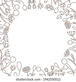 Marco de bayas de bosque, flores, hojas naturales y hierbas en línea, dibujado a mano, doodle de negro. Ilustración vectorial. Ilustración bursátil.