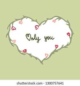 Cute frame of green branches with flowers in the form of hearts on a pale green background. Vintage invitation, greeting card, congratulation.