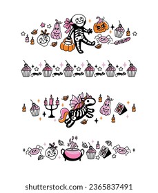 Cute frame with Halloween characters and other holiday attributes. Vector illustrations for frame, stickers and decorative tapes. Scrapbooking.