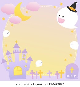 cute frame of halloween night with ghosts graves and castle in pastel purple, vector illustration