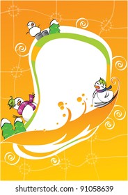 Cute Frame - with happy friends : skiing for smiling snowman