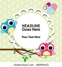 Cute frame and happy owls on tree with hearts