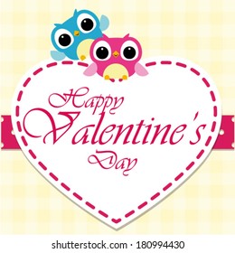 Cute frame and happy owls on tree with hearts