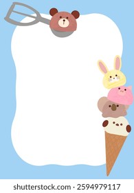 Cute frame of ice cream in the shape of an animal's face, vertical, copy space available, hand-drawn illustration