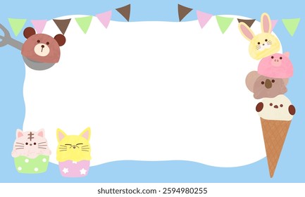 Cute frame of ice cream in the shape of an animal's face, horizontal, copy space available, hand-drawn illustration