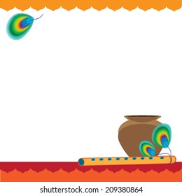 Cute frame for Janmashtami greetings, invitation. illustration of bansuri with Peacock feather and pot with makhaan. Orange ornament. White background. Vector.